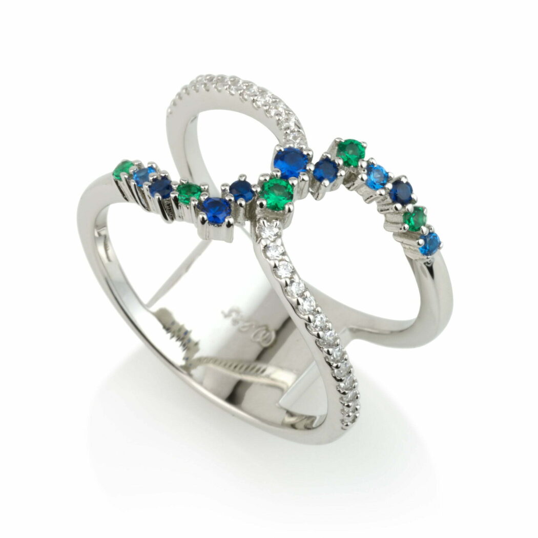 טבעת אופנתית כסף 925 יפה לנשים כחול ירוק זרקונים